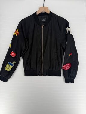 Love Tree Womens Medium Black Patch Bomber Jacket Call Me Maybe Y2K Streetwear
